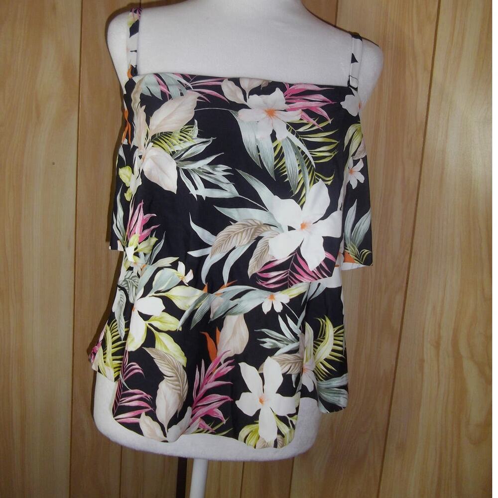 NWT Kona Sol Boho Retro Black Tropical Bandeau Tankini Swim Top M